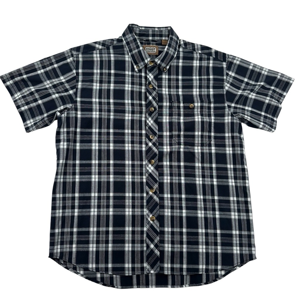 CE Schmidt Workwear Navy Blue White Plaid Short Sleeve Button Down Shirt Mens L